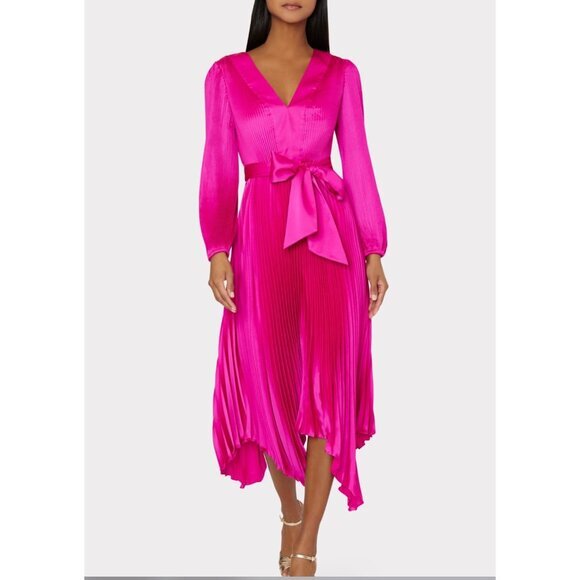 NEW MILLY Liora Pleated Midi Dress in Satin Pink size 8